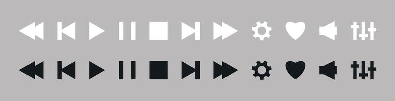 Media player icon set. Sing play, pause, next, previous like and settings symbol in black and white color flat style. Audio playback interface element. vector
