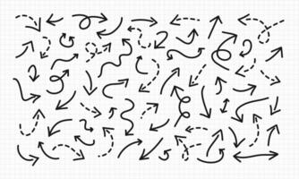 Hand drawn curved doodle Arrows collection on checkered notebook sheet. Short long freehand dotted lines. Editable brush stroke element banner poster infographic. Black various direction orientation vector