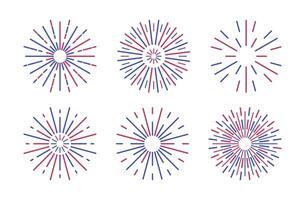 Fireworks USA independence day celebration Set. Blue red Firecracker in flat style. Blast explosion icon. New year birthday. Sparkles poster banner card on festival anniversary party. Simple splashes. vector