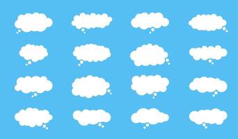 White Cloud Speech Bubble set. Talk fluffy text box. Blank chatting, message border. Empty flat style shapes on blue background. vector