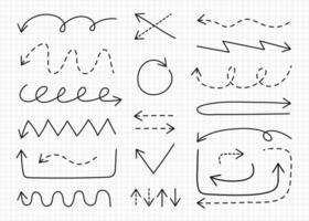 Doodle Arrows set. Hand drawn pointers on white background. Thin long dotted elegant minimalistic editable stroke black color. Infographic navigation direction symbol. Back to school notebook sheet vector