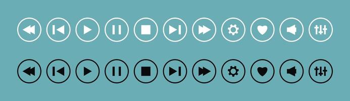 Music Player icon set with play, pause, next, previous like and settings symbol in black and white color with editable stroke. Media Audio device Buttons. Ui playback display sing. vector
