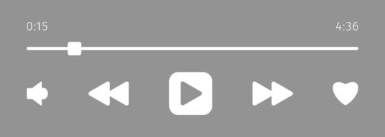 Simple template of media device playback panel interface. Audio or mini player progress loading bar with time slider, play, rewind buttons. Minimalist web display. White grey theme vector