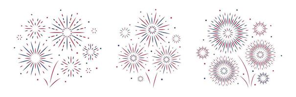 4th of July fireworks set in flat style. USA Independence Day explosion with blue red color. Labor day decoration for poster banner card. Happy new year birthday Sparkles. vector