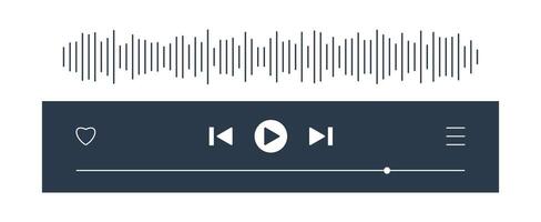 Music or play bar with song radio wave. Audio player for music or podcast playlist. Play skip heart menu button. Dark theme. illustration. vector