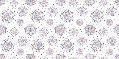 Fireworks seamless pattern. USA flag color Red, white, and blue explosion background. American Independence Day, New Year endless banner, wallpaper. vector