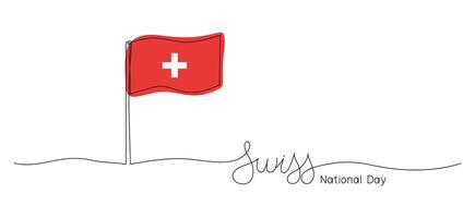 Swiss National Day text banner template. Editable stroke hand drawn lettering. One continuous line art background with red flag. Outline drawing with typography for poster card. Switzerland 1 August. vector