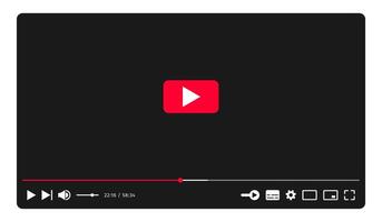 Social media player screen template. Flat Mockup, app, ui ux. Channel interface. Social media concept. Control buttons icons. Window template. Play next progress bar settings full. Dark theme. vector