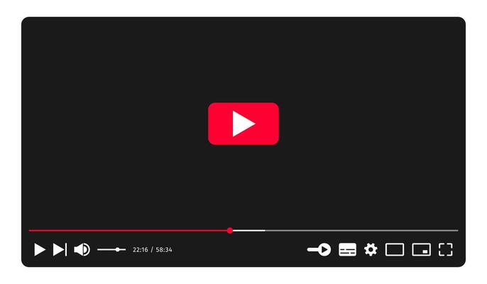 Social media player screen template. Flat Mockup, app, ui ux. Channel interface. Social media concept. Control buttons icons. Window template. Play next progress bar settings full. Dark theme.