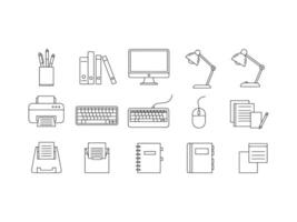 Black and White Line Art Icons Set Office Supplies Computer Printer Keyboard Mouse Notebooks Pens Desk Lamp vector