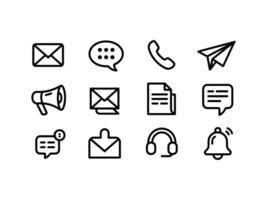 Twelve Black Outline Communication Icons Set Email Message Phone Paper Airplane Megaphone Document Chat Headset Bell Notification vector