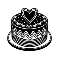 Black and White Silhouette of a Round Cake with Heart Shaped Decoration and Zigzag Pattern hearts vector