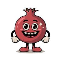 Happy Red Pomegranate Cartoon Character with Big Eyes and Sparkling Highlights Standing on a Gray Surface vector
