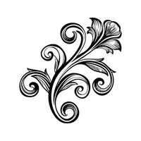 Black and White Floral Swirl Silhouette Botanical Leaf Design Element Isolated on White Background vector