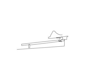 Self drawing animation of single line draw muscular build man doing calisthenics on parallels bar indoor. Athlete practicing balance. Healthy lifestyle and power. Continuous line. Full length animated video