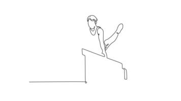 Self drawing animation of single line draw male gymnast training in gym, flexible and active. Athlete in sportswear practicing in exercises for strength, balance. Continuous line. Full length animated video