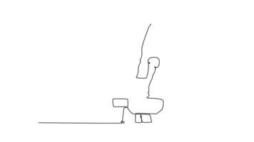 Animated self drawing of continuous line draw professional gymnast exercise pommel horse in championship gymnastics, support with hands on horse, swing feet exercise. Full length single line animation video