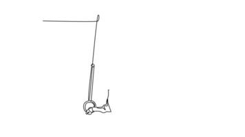 Animated self drawing of continuous line draw professional male gymnast swinging on gymnastics rings while doing muscle up exercise during calisthenics workout in gym. Full length one line animation video