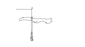 Animated self drawing of continuous line draw aggressive male gymnast athlete looking down while doing calisthenics core stability exercise with gymnastics rings in gym. Full length one line animation video