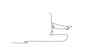 Animated self drawing of continuous line draw professional male gymnast doing splits and balancing on pommel horse in championship gymnastics artistic. Active sports. Full length single line animation video