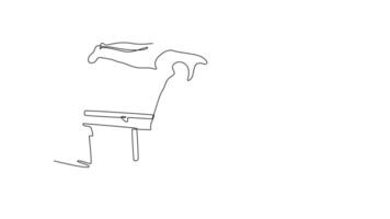 Animated self drawing of continuous line draw active male athlete doing handstand on parallel bars in professional gym. Fit sportsman perform stunt in sports clothes. Full length single line animation video