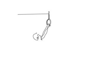 Animated self drawing of continuous line draw young active strong sweaty athlete muscular fit man with big muscles doing cross workout training on the gymnastics rings. Full length one line animation video
