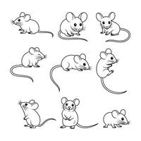 Nine Line Art Drawings of Cute Mice in Various Poses White Background mouse black and white vector