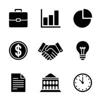 Nine Black Business Icons Set Briefcase Graph Pie Chart Dollar Handshake Lightbulb Document Building Clock vector