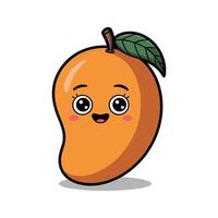 Cute Orange Mango Cartoon Character with Happy Face Tilted Smiling Green Leaf vector