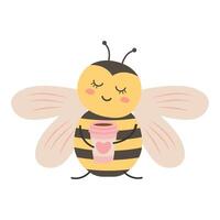 Cute bee with a cup of coffee with heart. illustration isolated on white background vector