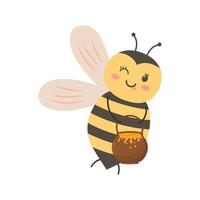 Cute bee with a pot of honey. illustration isolated on white background. vector