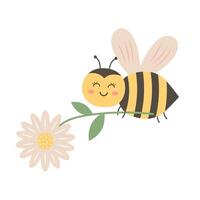 Cute bee holds a chamomile and flies. illustration isolated on white background. vector