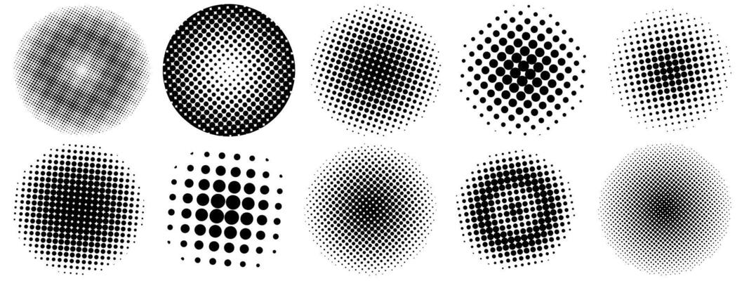 Abstract Halftone circular dotted frames set. Circle dots texture for pop art background. Spotted spray backing isolated on transparent background. design element.