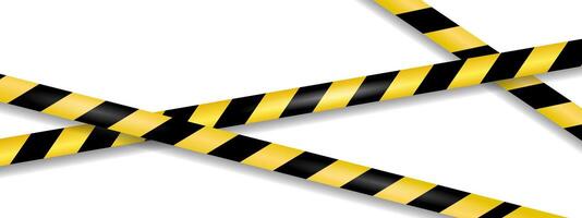 Yellow Warning tape with black diagonal stripes. Caution tape border. Realistic crossed tape for restricted area, danger zone, crime scene. Concept of Police warning overlapping diagonally ribbon. vector