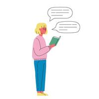 Young Person Reading a Book with Speech Bubbles vector