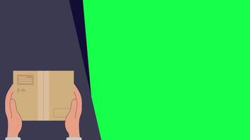 4K animation of a hand holding a package with unboxing time text on a green screen background. Perfect for unboxing intros, delivery content, or product showcases. video