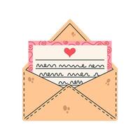 Love letter icon. Open envelope, paper with handwritten text and heart. Romantic message, Valentines day mail. Declaration of sympathy, invitation to a date, wedding. Flat cartoon clipart vector
