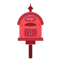 Postbox icon. Red mailbox for sending letters, documents. Closed mail container stands on a pole. Classic metal letterbox. Hand drawn doodle, flat cartoon clipart isolated on white. For print vector