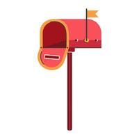 Open mailbox icon. Red post box for sending, receiving letters, documents. Mail container stands on a pillar with a raised flag. Metal letterbox. Hand drawn doodle, flat cartoon illustration vector