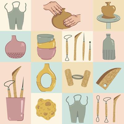 Pottery seamless pattern. Artist sculpts from clay. Sponge, apron, porcelain jug, crockery. Hands molding a ceramic vases. Tools for handcraft creation. Hobby background for print, fabric