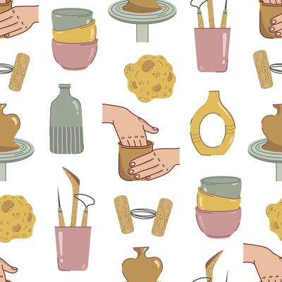 Pottery craft, seamless pattern. Artist sculpts from clay. Sponge, ceramic vases, porcelain tableware. Hands molding a mug, clay cutting wire. Tools for homemade shaping. Flat hobby ornament