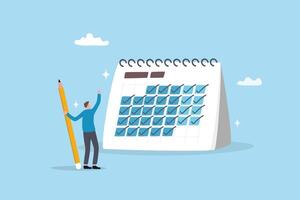 Consistency, discipline or calendar planning productivity, task organize, routine or deadline, complete checklist reminder or progress concept, businessman holding pencil tick every day on calendar. vector
