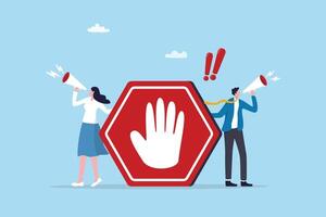 Forbidden warning, prohibition, don't do or stop rule, false or restriction, danger, bad hazard disallow message, illegal or ban concept, business people announce forbidden message with prohibit sign. vector