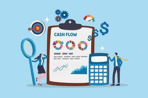 Cash flow money management, budget or account analysis, income or revenue vs expense, cost or investment, profit and loss, balance concept, business people analyze calculate cash flow graph and chart. vector