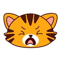 Cute cartoon cat head with red fur and brown stripes. The cat has a sad expression on its face, crying. Kawaii pet vector