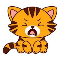 Cute cartoon cat with red shorts and brown stripes. The cat has big crying eyes and a sad expression on her face and sits up straight. Kawaii pet. vector