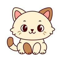 Cute cartoon cat with a cream colored body and brown markings. The cat has large, expressive eyes and a playful expression and sits up straight. Kawaii pet vector