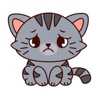 Cute cartoon cat with a gray body and dark stripes. The cat has big, expressive eyes and a sad expression on its face and sits up straight. Kawaii pet vector