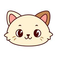 Cute cartoon cat face in cream color and brown markings. The cat has large, expressive eyes and a playful expression. Kawaii pet vector