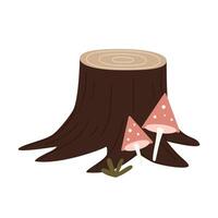 A wooden tree stump with two pink mushrooms growing beside it. The stump has a smooth surface and visible tree rings. Green foliage is present around the base. vector